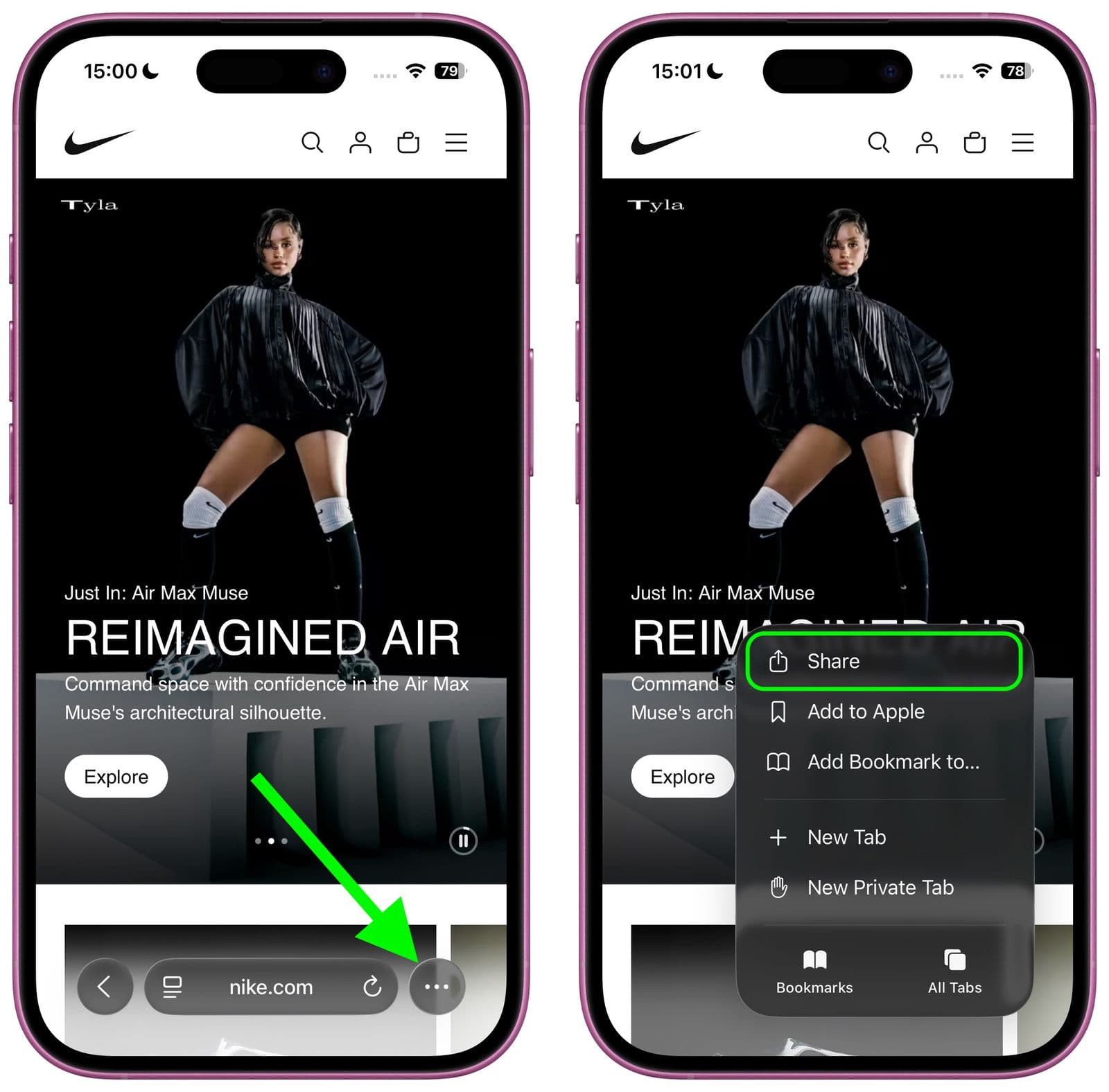 iPhone Safari showing the Share action before adding ImanVibes to the Home Screen.