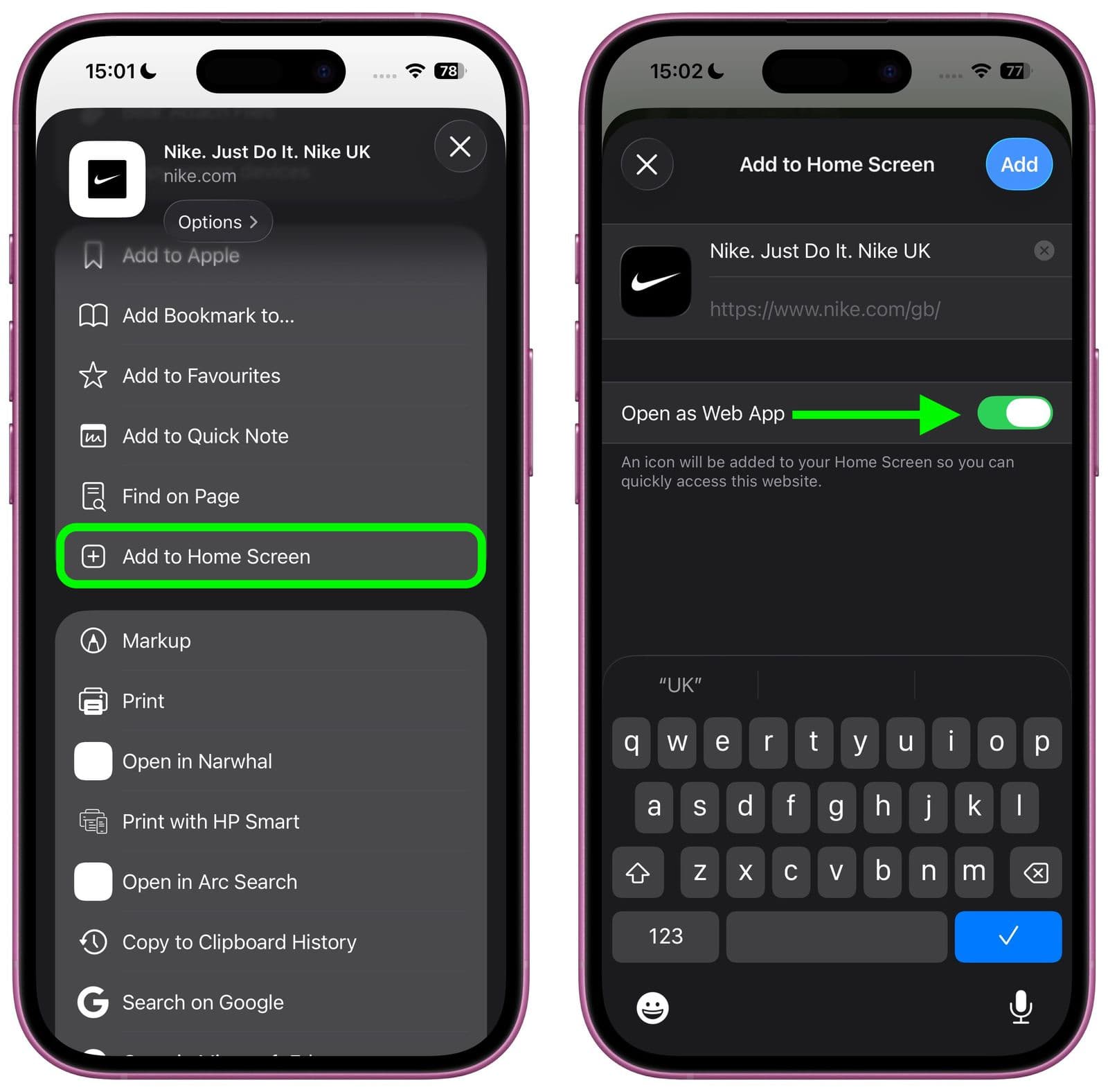 iPhone Safari showing Add to Home Screen and Open as Web App during ImanVibes installation.